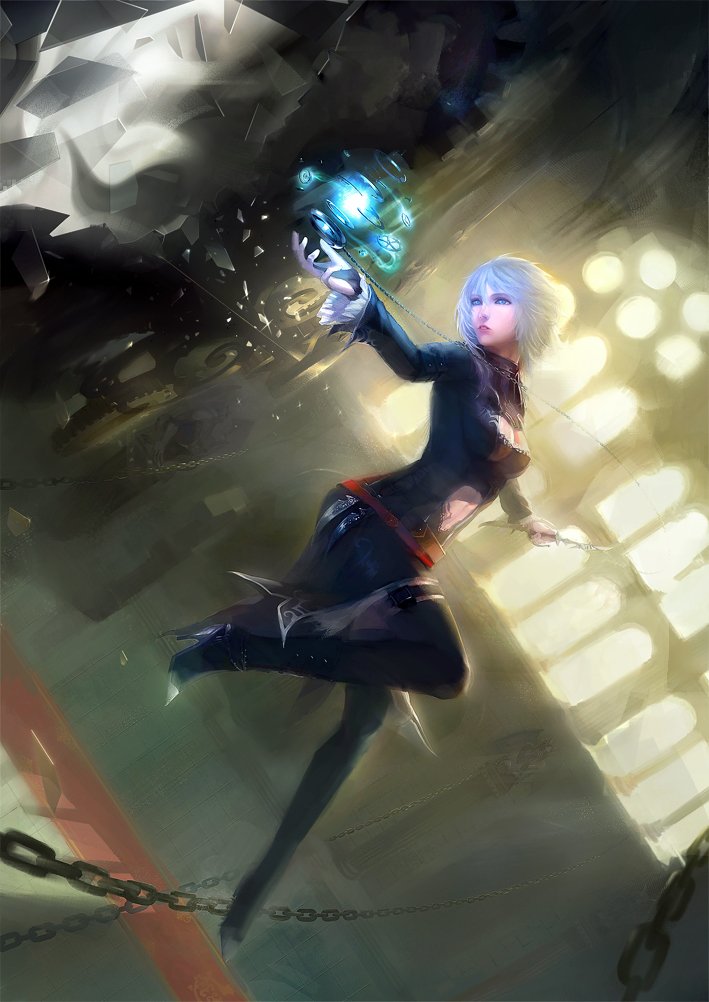 1girl, alternate_costume, blue_eyes, boots, bridal_gauntlets, chain, female_focus, izayoi_sakuya, short_hair, silver_hair, solo, touhou, yunohara_konomi