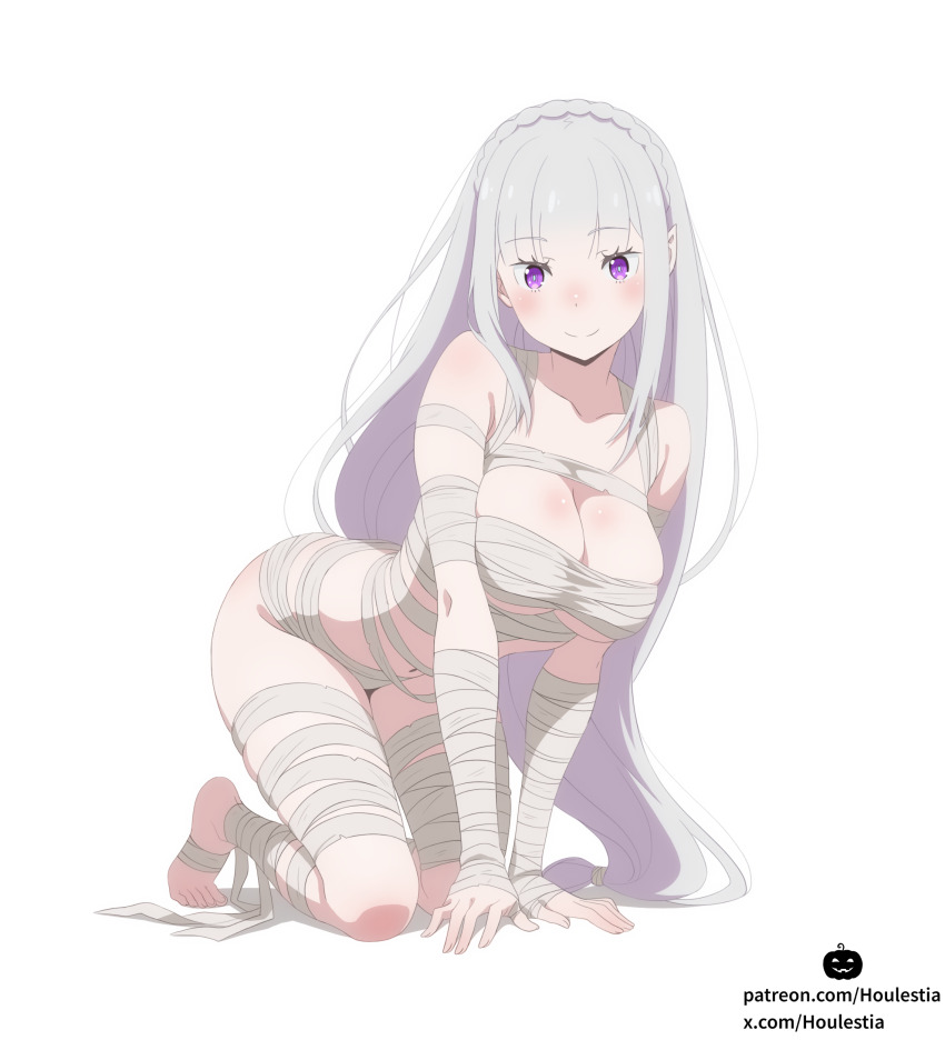 1girl, absurdres, all_fours, alternate_costume, anime_coloring, bandaged_arm, bandaged_chest, bandaged_leg
