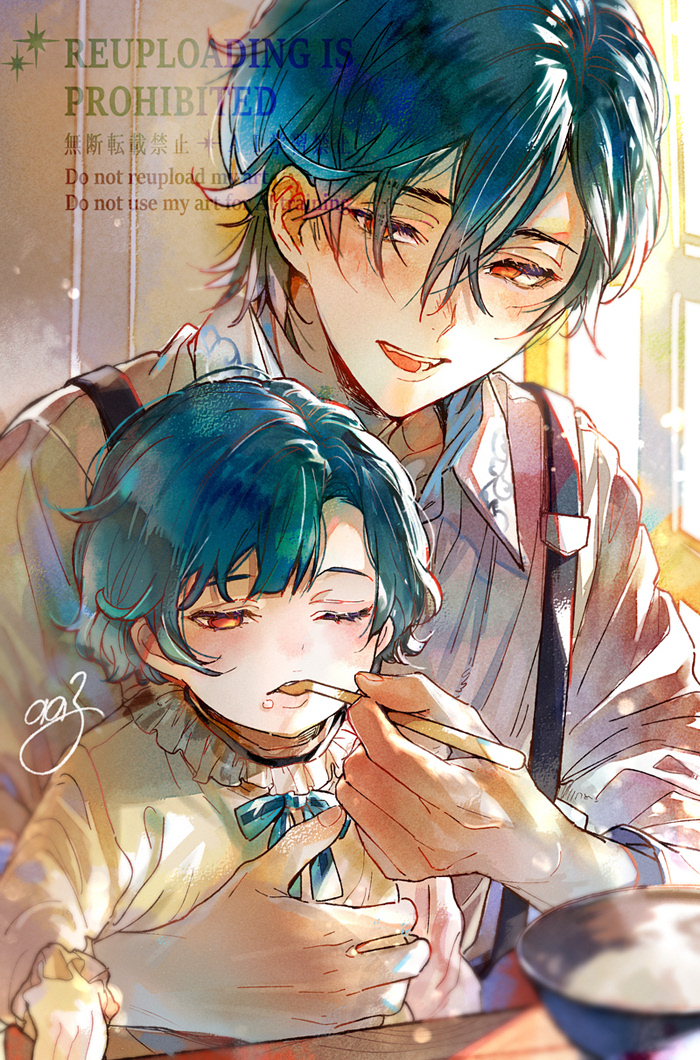 1boy, 1girl, akuma_shitsuji_to_kuroi_neko, aqua_hair, blue_bow, blue_bowtie, blunt_bangs, blush, bow, bowl, bowtie, brother_and_sister, carrying, child_carry, collar, collared_shirt, commentary_request, day, double-parted_bangs, feeding, food, food_on_face, frilled_collar, frilled_sleeves, frills, hair_between_eyes, half-closed_eyes, haures_clifford, holding, holding_spoon, indoors, light_particles, long_sleeves, looking_at_another, looking_down, nonoko_(meg36544), one_eye_closed, open_collar, open_mouth, parted_hair, red_eyes, shirt, short_hair, siblings, signature, sitting, smile, spoon, sunlight, suspenders, table, toddler, tricia_clifford, upper_body, watermark, white_shirt, window, wing_collar