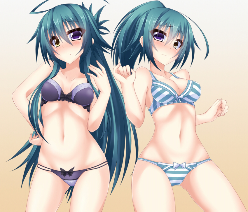 2girls, ahoge, bad_id, bad_pixiv_id, blush, bra, breasts, cleavage