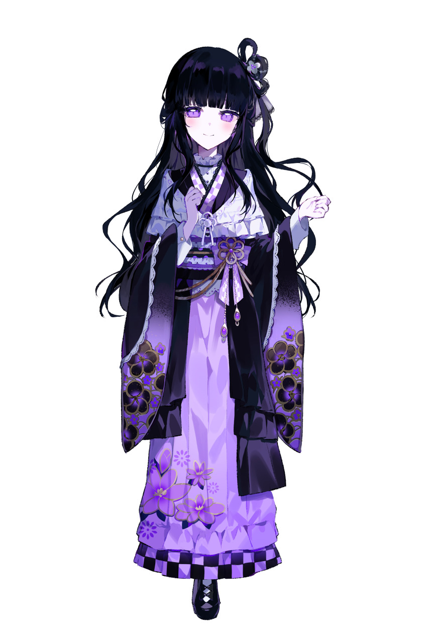 1girl, absurdres, black_hair, black_shoes, black_sleeves, blunt_bangs, closed_mouth, floral_print, flower, full_body, hair_flower, hair_ornament, hair_rings, highres, japanese_clothes, kimono, long_hair, long_sleeves, looking_at_viewer, mahou_shoujo_no_inshuu_mura, obi, official_art, one_side_up, pale_skin, purple_eyes, purple_flower, purple_kimono, purple_skirt, sash, second-party_source, shawl, shoes, sidelocks, simple_background, skirt, smile, solo, standing, tachi-e, transparent_background, umemaro_(siona0908), white_shawl, wide_sleeves, yakushidou_shii