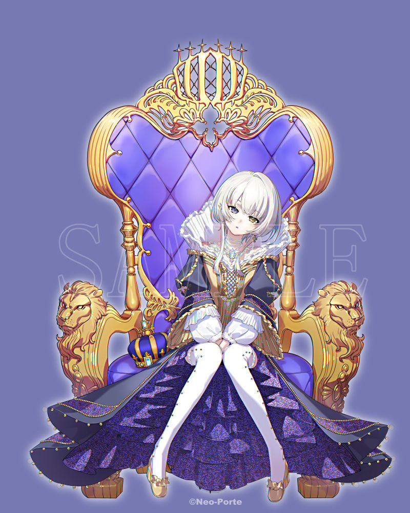 1girl, arched_crown, between_legs, black_dress, blue_gem, center-flap_bangs, collarbone, colored_inner_hair, copyright_notice, cross, cross_earrings, crown, dress, earrings, expressionless, festoon_(necklace), full_body, fumiko_(throughx2), gem, gold_shoes, gown, greek_cross, hand_between_legs, head_tilt, heterochromia, high-low_dress, high_heels, jewelry, kasukano_uturo, knees_together_feet_apart, layered_sleeves, long_sleeves, looking_at_viewer, multicolored_dress, multicolored_hair, necklace, neo-porte, official_art, parted_lips, pearl_necklace, pigeon-toed, puffy_long_sleeves, puffy_sleeves, purple_background, purple_dress, purple_eyes, sample_watermark, shoes, short_hair, sidelocks, simple_background, sitting, on_throne, solo, straight-on, supportasse, thighhighs, throne, two-sided_dress, two-sided_fabric, unworn_crown, v_arms, virtual_youtuber, watermark, wedge_heels, white_hair, white_thighhighs, yellow_dress, yellow_eyes