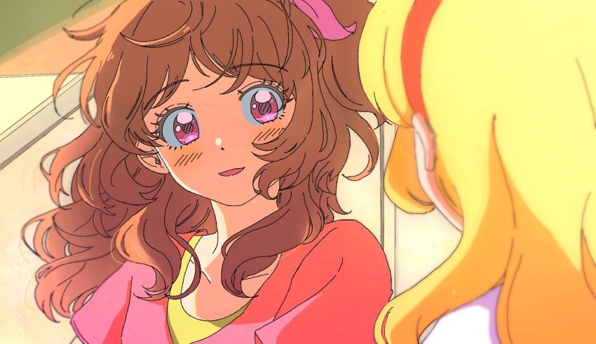 2girls, :d, aikatsu!, aikatsu!_(series), blonde_hair, brown_hair, highres, hoshimiya_ichigo