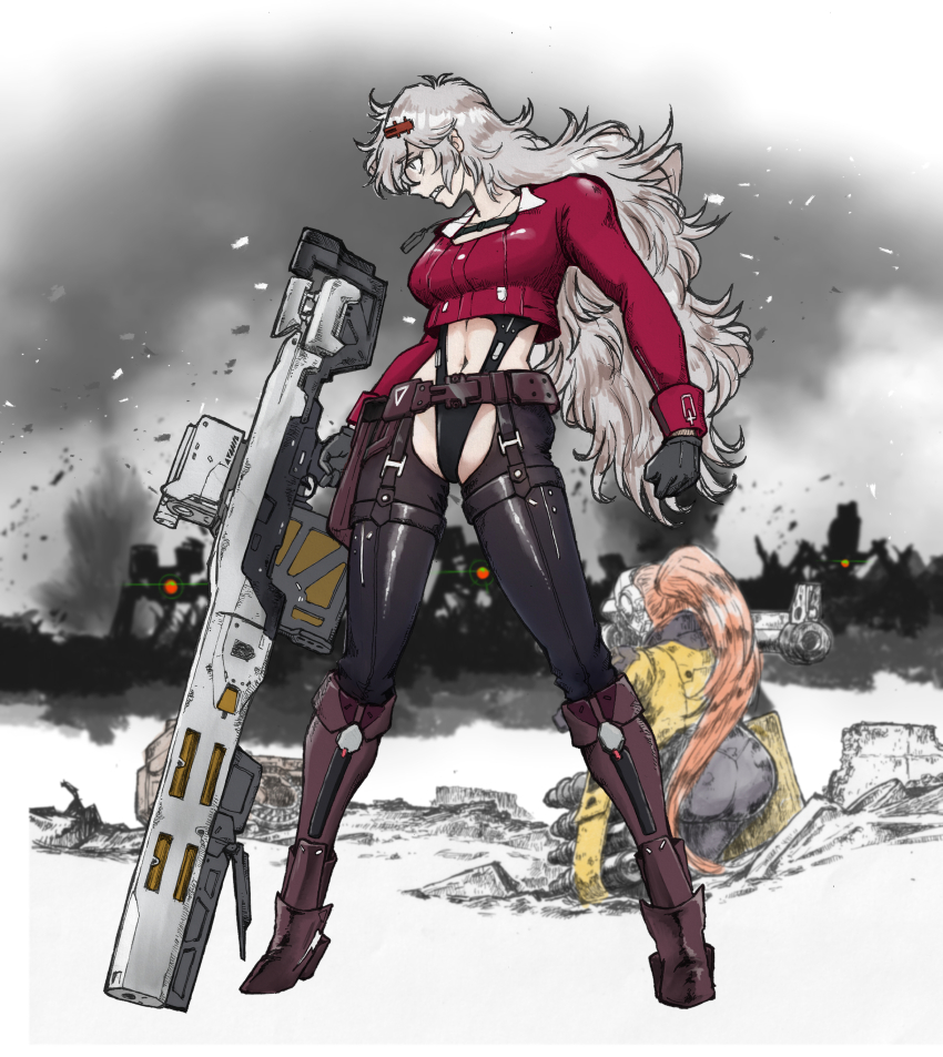 2girls, absurdres, armored_boots, battlefield, belt_pouch, black_gloves, black_leotard, boots