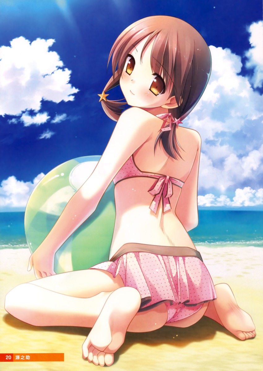 1girl, ass, back, ball, bare_shoulders, barefoot, beach, beachball, bikini, blush, brown_hair, cloud, day, feet, female_focus, from_behind, gennosuke_(artist), hair_ornament, highres, hirosaki_kanade, light_smile, long_hair, looking_back, ocean, outdoors, polka_dot, polka_dot_bikini, polka_dot_swimsuit, sitting, sky, soles, solo, swimsuit, toes, twintails, wariza, water, yellow_eyes, your_diary