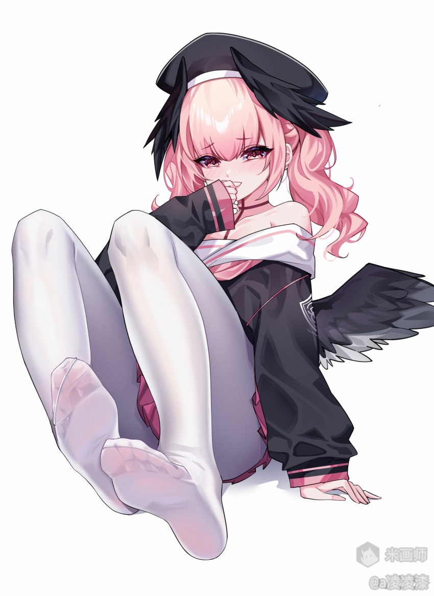 1girl, aalinglingqi, absurdres, arm_support, bare_shoulders, black_hat, black_shirt, black_wings, blue_archive, body_markings, collarbone, convenient_leg, covered_mouth, covering_own_mouth, feathered_wings, feet, full_body, hat, head_wings, highres, koharu_(blue_archive), long_sleeves, looking_at_viewer, low_wings, medium_hair, mihuashi_logo, mihuashi_username, miniskirt, multiple_wings, neckerchief, missing_halo, no_shoes, off_shoulder, pantyhose, pink_eyes, pink_hair, pink_neckerchief, pink_skirt, pleated_skirt, sailor_collar, school_uniform, serafuku, shirt, sidelocks, simple_background, sitting, skirt, sleeves_past_wrists, soles, solo, toe_seam, toes, twintails, white_background, white_pantyhose, white_sailor_collar, wings