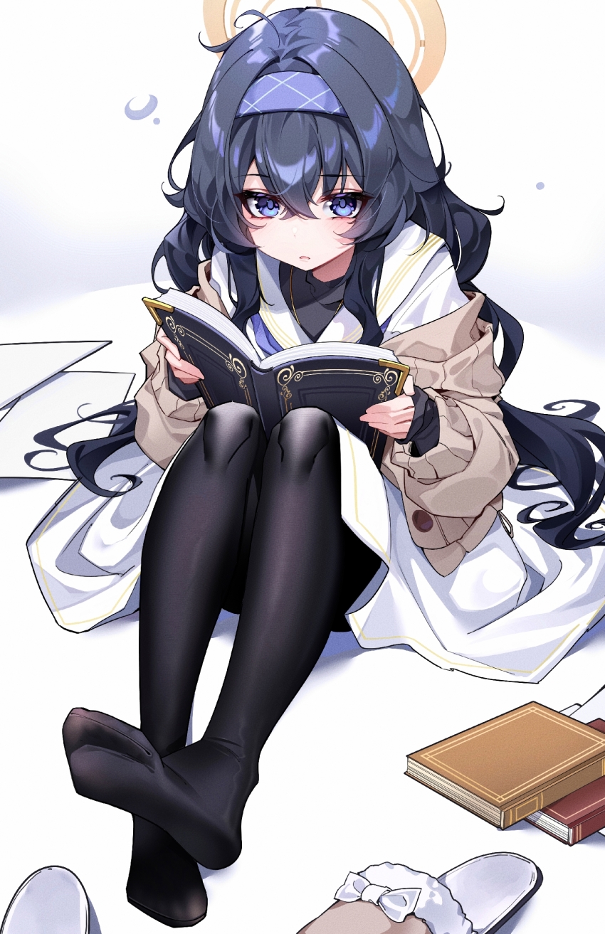 1girl, aalinglingqi, ahoge, black_hair, black_pantyhose, black_shirt, blue_archive, blush, book, bow, brown_cardigan, brown_slippers, cardigan, chinese_commentary, commentary_request, convenient_leg, crossed_bangs, feet, footwear_bow, full_body, hair_between_eyes, hairband, halo, highres, holding, holding_book, jewelry, knees, knees_up, layered_sleeves, long_hair, long_sleeves, looking_at_viewer, making-of_available, neckerchief, necklace, no_shoes, off_shoulder, open_book, pantyhose, parted_lips, purple_eyes, purple_hairband, purple_neckerchief, sailor_collar, school_uniform, serafuku, shirt, sitting, skirt, sleeves_past_wrists, slippers, soles, solo, ui_(blue_archive), unworn_slippers, white_background, white_bow, white_sailor_collar, white_shirt, white_skirt, yellow_halo