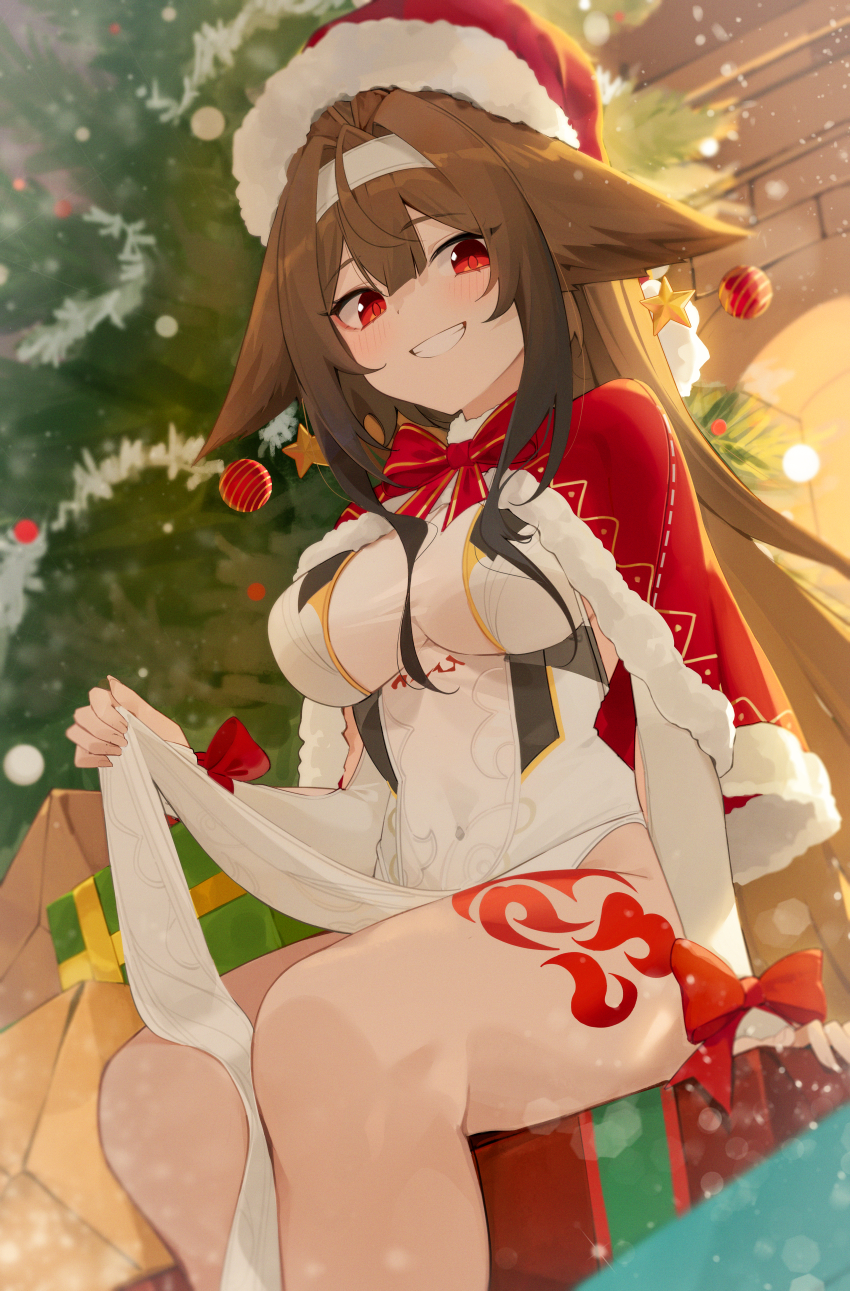 1girl, absurdres, animal_ears, box, breasts, brown_hair, chimney, christmas