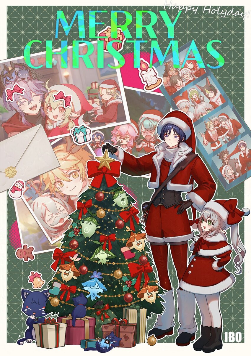 >_<, 1boy, 1girl, 49ibo240, :t, aether_(genshin_impact), ahoge, albedo_(genshin_impact), alhaitham_(genshin_impact), animal_collar, animal_ears, animal_head, animalization, antlers, aqua_collar, aqua_hair, arabalika_(genshin_impact), aranara_(genshin_impact), ararycan_(genshin_impact), arm_over_shoulder, arms_on_another's_shoulder, artist_name, bag, bare_shoulders, belt, belt_buckle, bent_over, black_belt, black_boots, black_cat, black_corset, black_gloves, black_hair, black_horns, black_shirt, black_shoes, blonde_hair, blue_hair, blunt_bangs, blush, boots, bow, bowtie, box, braid, bright_pupils, brown_bag, brown_eyes, brown_hair, buckle, bunny_ears_prank, candle, candlelight, capelet, cat, character_request, christmas_lights, christmas_ornaments, christmas_star, christmas_tree, clenched_hands, closed_eyes, closed_mouth, clothes_pull, collar, collei_(genshin_impact), colored_eyelashes, corset, covering_own_mouth, cropped_jacket, cross-shaped_pupils, crossed_bangs, cyno_(genshin_impact), dark-skinned_female, dark_skin, deer_ears, dehya_(genshin_impact), detached_sleeves, doll, door, dori_(genshin_impact), dottore_(genshin_impact), double_bun, double_v, dragon, dragon_boy, dragon_horns, dress, drill_hair, dunyarzad_(genshin_impact), durin_(genshin_impact), elbow_gloves, eyeliner, eyeshadow, facing_another, facing_viewer, fake_facial_hair, fake_mustache, fangs, faruzan_(genshin_impact), film_strip, fox_ears, fur-trimmed_capelet, fur-trimmed_dress, fur-trimmed_gloves, fur-trimmed_headwear, fur-trimmed_jacket, fur-trimmed_shorts, fur-trimmed_sleeves, fur_hood, fur_trim, genshin_impact, gift, gift_box, gingerbread_man, glasses, gloves, gold_belt, green_background, green_eyes, green_hair, grey_hair, hair_bun, hair_ornament, hair_over_one_eye, half_up_half_down_braid, halo, hand_on_another's_shoulder, hand_on_own_hip, hand_over_own_mouth, hand_up, hands_on_own_hips, happy, happy_holidays, hat, hat_bow, head_tilt, height_difference, highres, holding, holding_gift, hood, hood_down, hood_up, hoodie, horns, jacket, kaveh_(genshin_impact), klee_(genshin_impact), lapels, large_bow, layla_(genshin_impact), leg_warmers, letter, long_hair, looking_at_object, low_twintails, makeup, mechanical_halo, merry_christmas, mini_durin_(genshin_impact), mistletoe, mistletoe_hair_ornament, multicolored_hair, nahida_(genshin_impact), nilou_(genshin_impact), open_clothes, open_hand, open_jacket, open_mouth, paimon_(genshin_impact), pantyhose, parted_bangs, partially_shaded_face, person_and_animalization, photo_(object), picture_frame, pink_hair, pink_halo, pointy_ears, pom_pom_(clothes), pulling, purple_eyes, red-tinted_eyewear, red_bow, red_bowtie, red_capelet, red_dress, red_eyeliner, red_eyeshadow, red_gloves, red_hair, red_hat, red_hood, red_hoodie, red_jacket, red_scarf, red_shorts, red_sleeves, red_sweater, red_thighhighs, reindeer_antlers, ribbed_shirt, ringlets, sanpaku, santa_costume, santa_dress, santa_hat, scaramouche_(cat)_(genshin_impact), scaramouche_(genshin_impact), scarf, sconce, sethos_(genshin_impact), shirt, shoes, short_hair, short_hair_with_long_locks, shorts, shoulder_bag, sidelocks, small_dragon, smile, snowman, strapless, strapless_dress, streaked_hair, sweater, swept_bangs, symbol-shaped_pupils, tareme, teeth, thighhighs, tighnari_(genshin_impact), tinted_eyewear, trembling, tsurime, turtleneck, turtleneck_shirt, twin_drills, twintails, undershirt, upper_teeth_only, v, white_eyelashes, white_leg_warmers, white_pantyhose, white_pupils, white_scarf, white_shirt, white_sleeves, wide_sleeves, x_hair_ornament, yellow-framed_eyewear, yellow_eyes