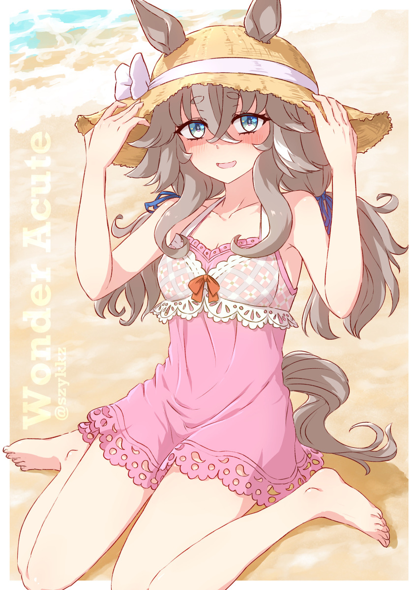1girl, absurdres, animal_ears, bare_shoulders, beach, blue_eyes, blush, breasts, collarbone, crossed_bangs, ears_through_headwear, grey_hair, hair_between_eyes, hair_ornament, hat, highres, horse_ears, horse_girl, horse_tail, long_hair, looking_at_viewer, low_twintails, multicolored_hair, ocean, official_alternate_costume, one-piece_swimsuit, open_mouth, outdoors, pink_one-piece_swimsuit, revision, sitting, small_breasts, smile, solo, straw_hat, streaked_hair, sun_hat, swimsuit, szykkz, tail, twintails, umamusume, wariza, water, wonder_acute_(that_summer's_cut-off_line)_(umamusume), wonder_acute_(umamusume)