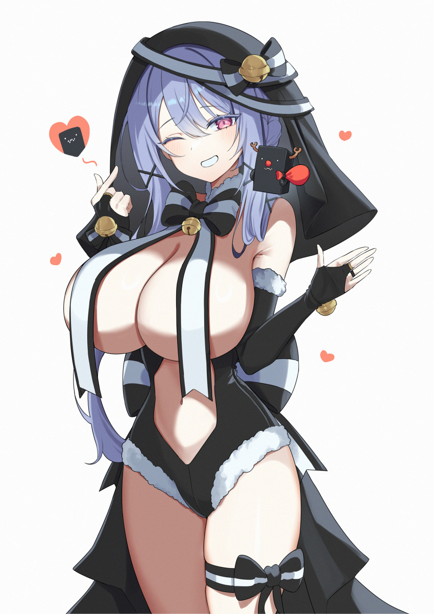 1girl, absurdres, alternate_costume, bare_shoulders, bell, black_bridal_gauntlets, black_leotard, black_ribbon, black_veil, blue_hair, blush, breasts, bridal_gauntlets, cleavage, clothing_cutout, commentary_request, commission, counter:side, cowboy_shot, fur-trimmed_bridal_gauntlets, fur-trimmed_leotard, fur_trim, hair_between_eyes, hair_ornament, hand_up, heart, highres, huge_breasts, jinggun, korean_commentary, leg_bow, leg_ribbon, leotard, long_hair, looking_at_viewer, multicolored_ribbon, navel, one_eye_closed, pink_eyes, ribbon, simple_background, smile, stomach_cutout, swan_claire, teeth, thighs, two-tone_ribbon, veil, white_background, white_ribbon, x_hair_ornament