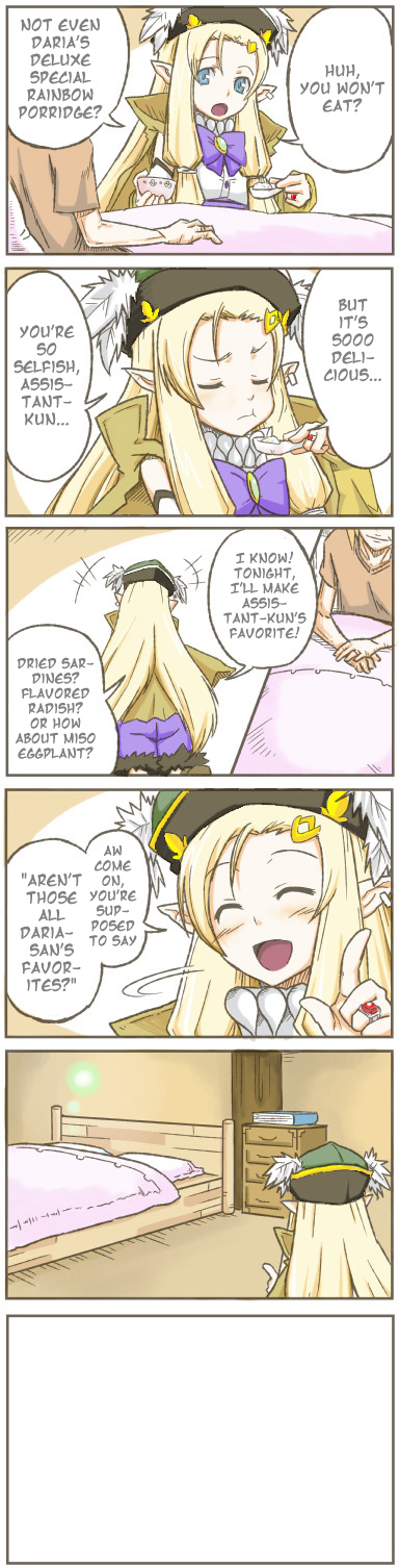 blonde_hair, blue_eyes, bow, comic, dahlia_(rune_factory), death, earrings, feathers, hard-translated, harvest_moon, highres, jewelry, long_hair, mice_(rune_factory), pointy_ears, rune_factory, rune_factory_3, stitched, tai_(pixiv6134), third-party_edit