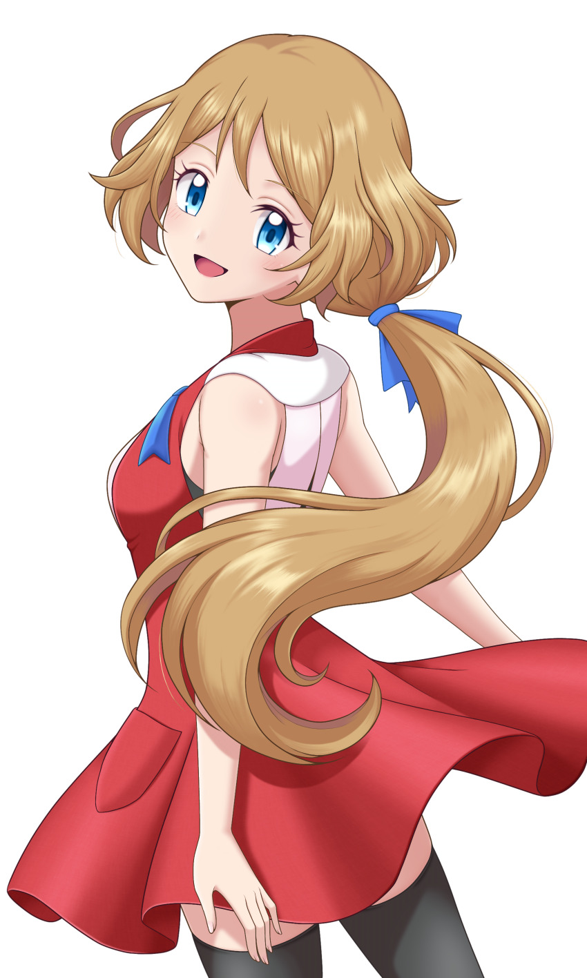 1girl, absurdres, alternate_costume, black_thighhighs, blue_eyes, blue_ribbon, blush, breasts