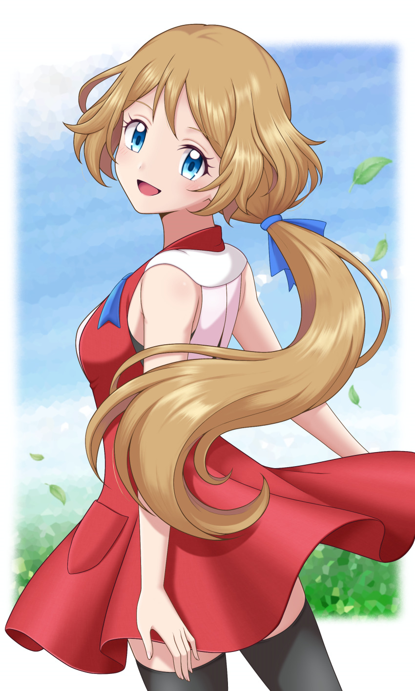 1girl, absurdres, alternate_hairstyle, black_thighhighs, blue_eyes, blue_ribbon, blush, breasts