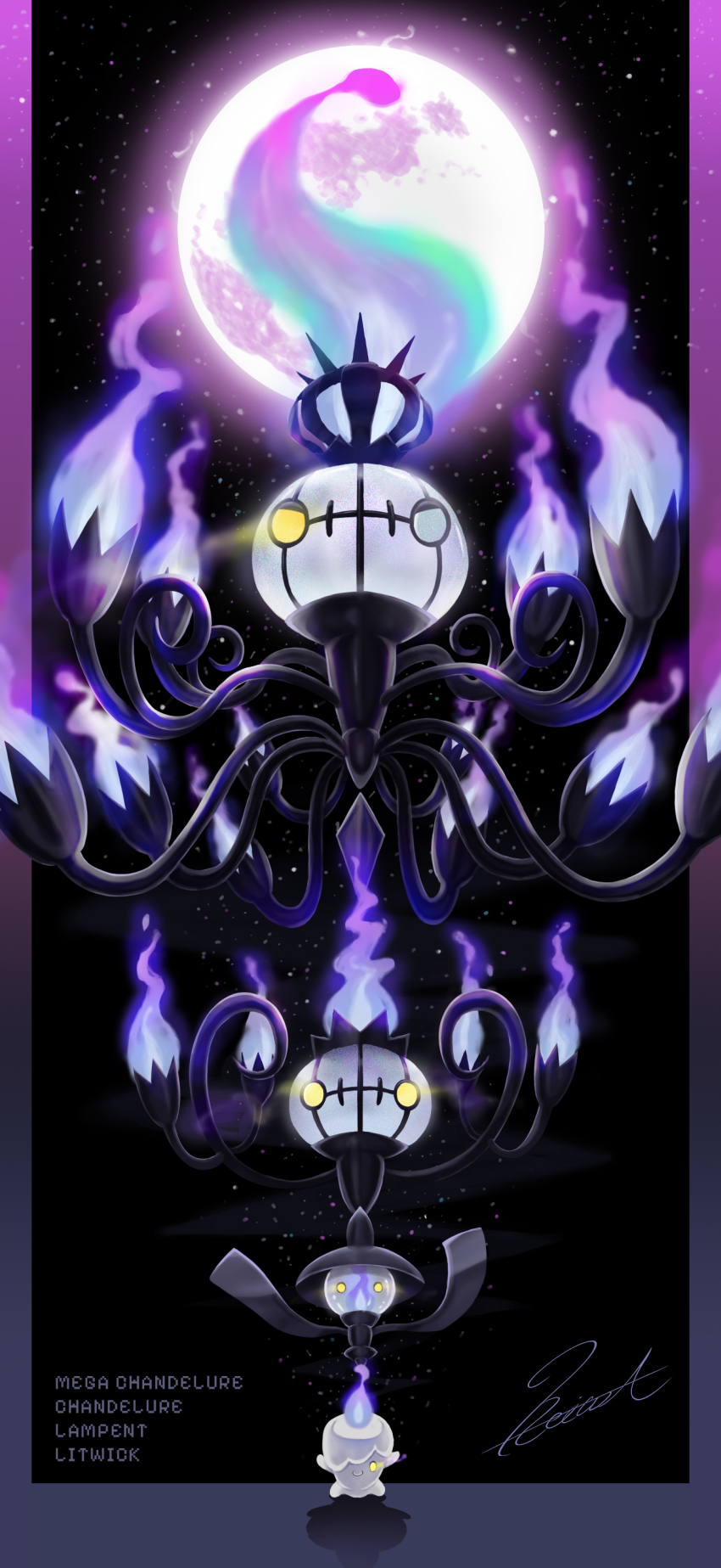 absurdres, black_background, blue_fire, border, chandelure, character_name, evolutionary_line, fire
