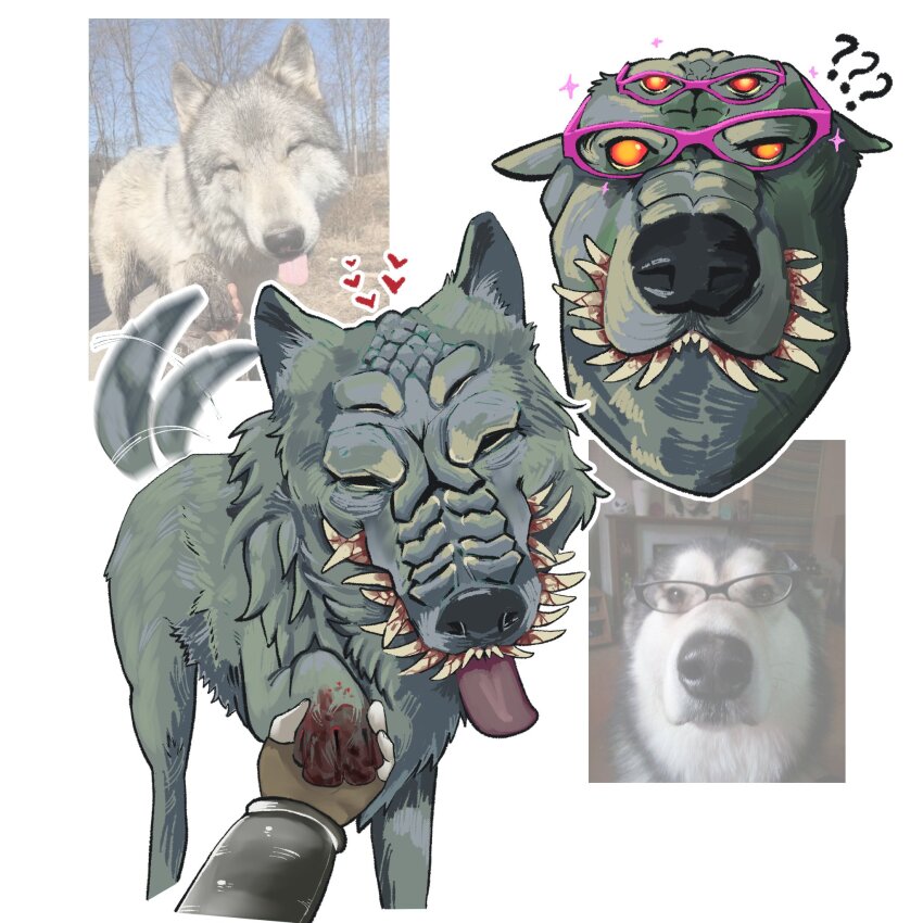 1girl, ?, ??, animal_focus, blood, brokenramen, closed_eyes, colored_sclera, disembodied_hand, dog, extra_eyes, extra_teeth, fear_&amp;_hunger_(series), fear_&amp;_hunger_1, fingerless_gloves, gloves, heart, highres, husky, moonless_(fear_&amp;_hunger), orange_sclera, photo_inset, purple-framed_eyewear, reference_inset, sharp_teeth, sparkle, teeth, tongue, tongue_out, wolf