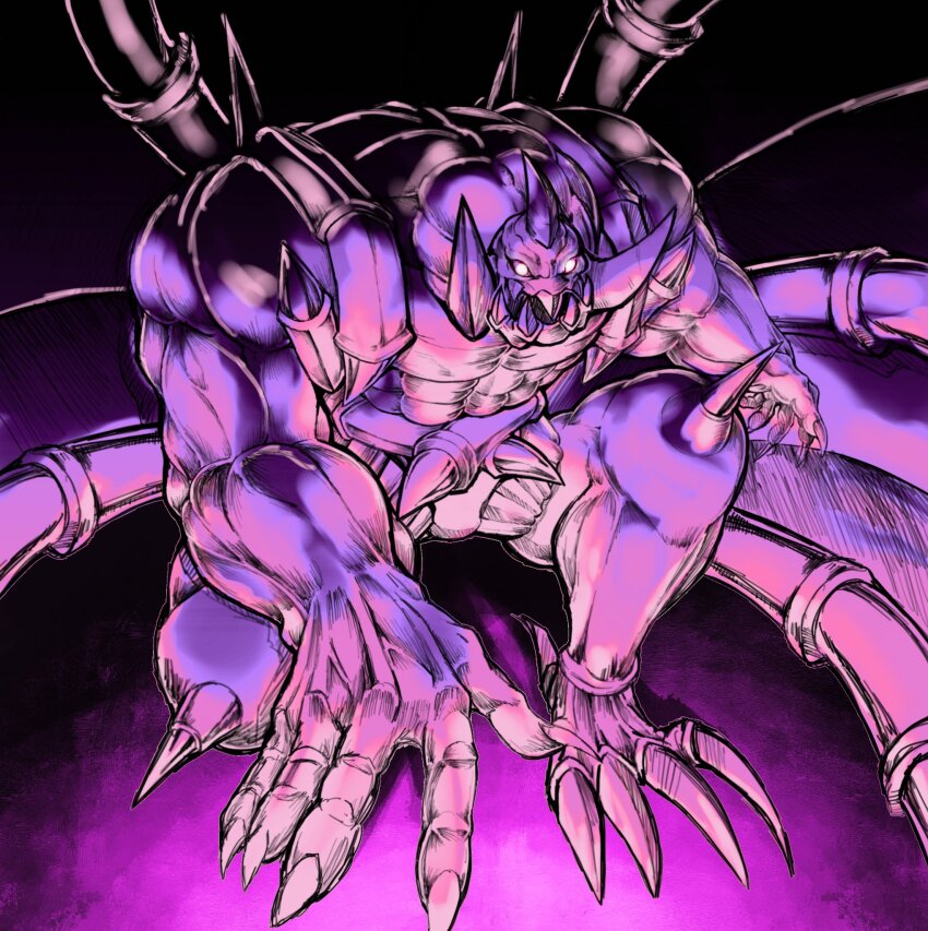 abs, claws, colored_skin, demon_wings, duel_monster, hatching_(texture), highres, horns, knee_spikes, linear_hatching, moltengates, monster, muscular, no_humans, no_pupils, on_one_knee, open_mouth, purple_skin, sharp_teeth, teeth, vampire_genesis, white_eyes, wings, yu-gi-oh!