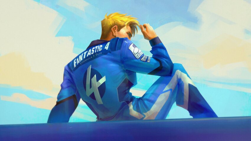 1boy, alternate_universe, arm_support, blonde_hair, blue_eyes, blue_jumpsuit, blue_racing_suit, blue_sky