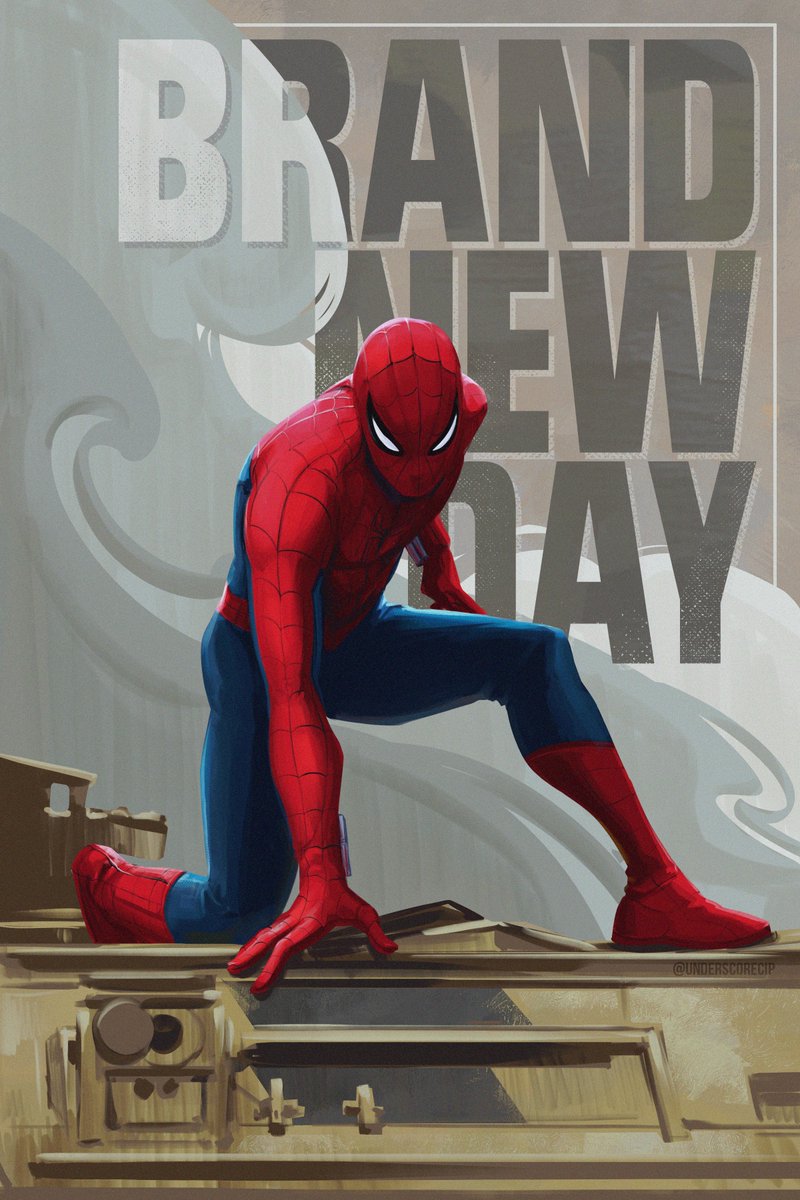 1boy, blue_bodysuit, bodysuit, commentary, english_commentary, english_text, highres, looking_at_viewer, male_focus, marvel, multicolored_bodysuit, on_one_knee, red_bodysuit, solo, spider-man, spider-man:_brand_new_day, spider-man_(original_suit), spider-man_(series), spider_web_print, superhero_costume, superhero_landing, twitter_username, underscorecip
