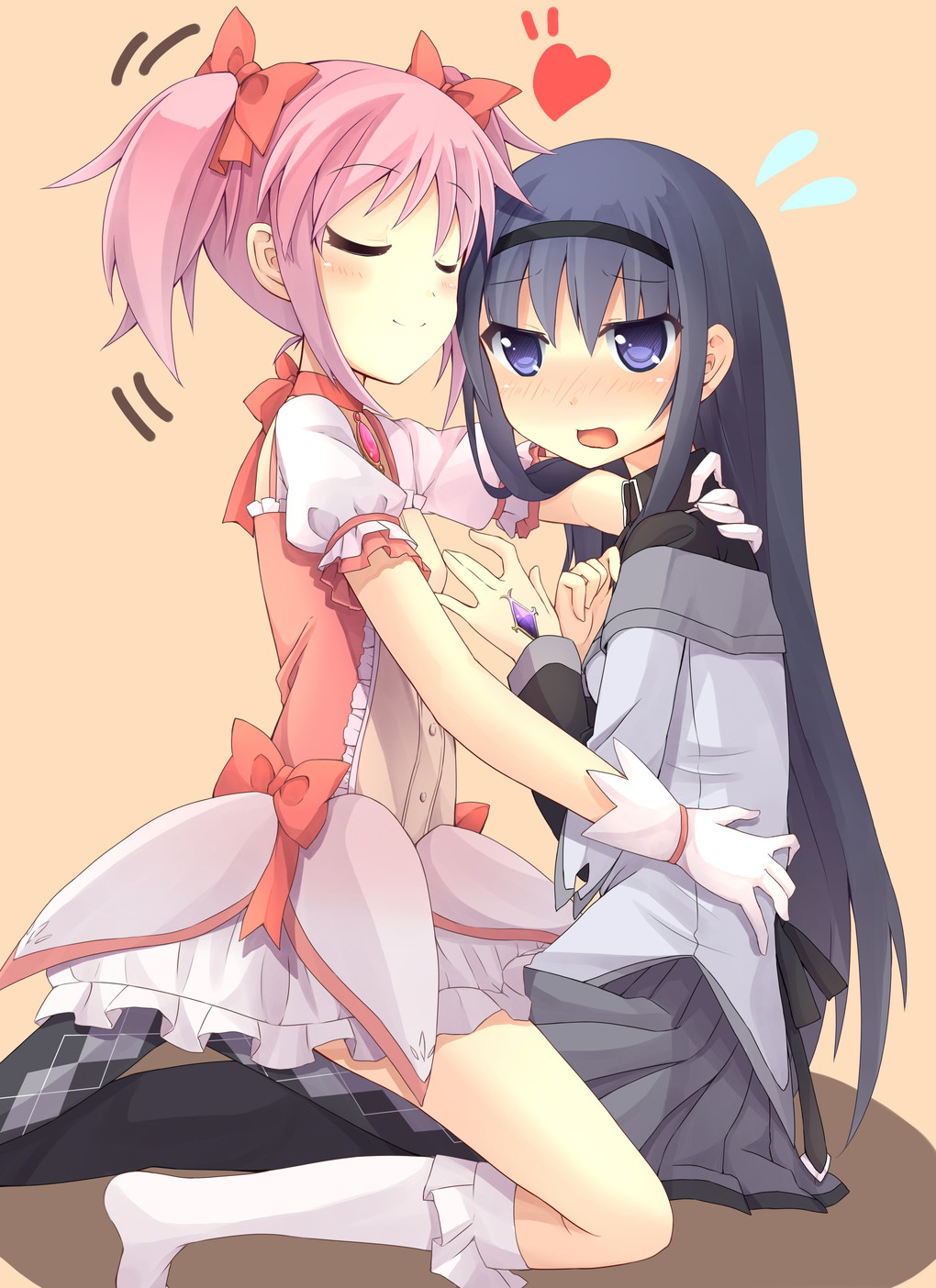 10s, 2girls, akemi_homura, akemi_homura_(magical_girl), argyle_clothes, argyle_legwear, bad_id, bad_pixiv_id, black_hair, blush, bobby_socks, bow, closed_eyes, gloves, hair_bow, hairband, heart, highres, kaname_madoka, kaname_madoka_(magical_girl), kneehighs, long_hair, magical_girl, mahou_shoujo_madoka_magica, mahou_shoujo_madoka_magica_(anime), multiple_girls, open_mouth, oruto_(ort+), oruton, pantyhose, pink_hair, purple_eyes, role_reversal, short_hair, short_twintails, skirt, socks, straddling, sweatdrop, twintails, white_legwear, yuri