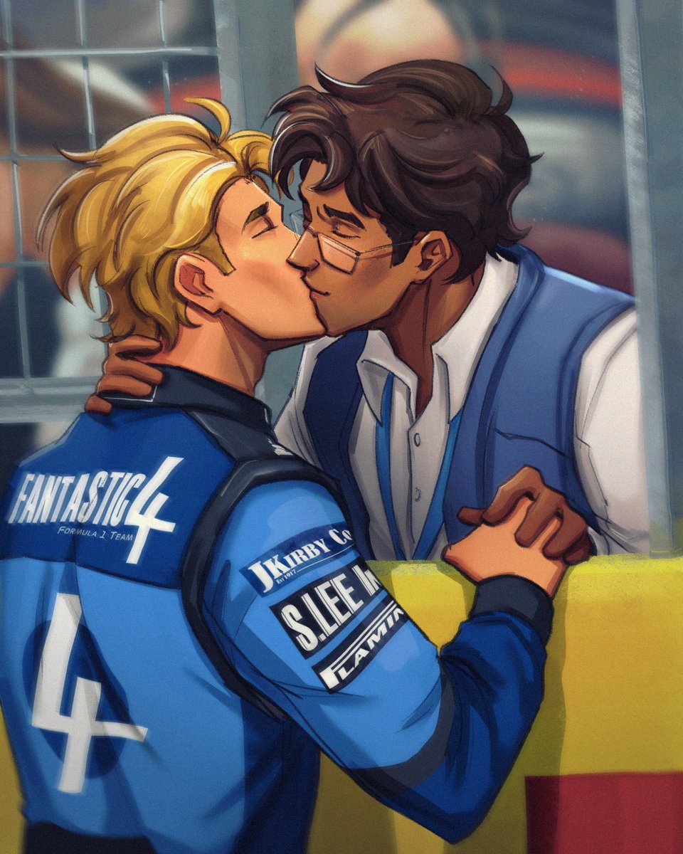 2boys, alternate_skin_color, alternate_universe, bespectacled, blonde_hair, blue_jumpsuit, blue_racing_suit, blue_vest