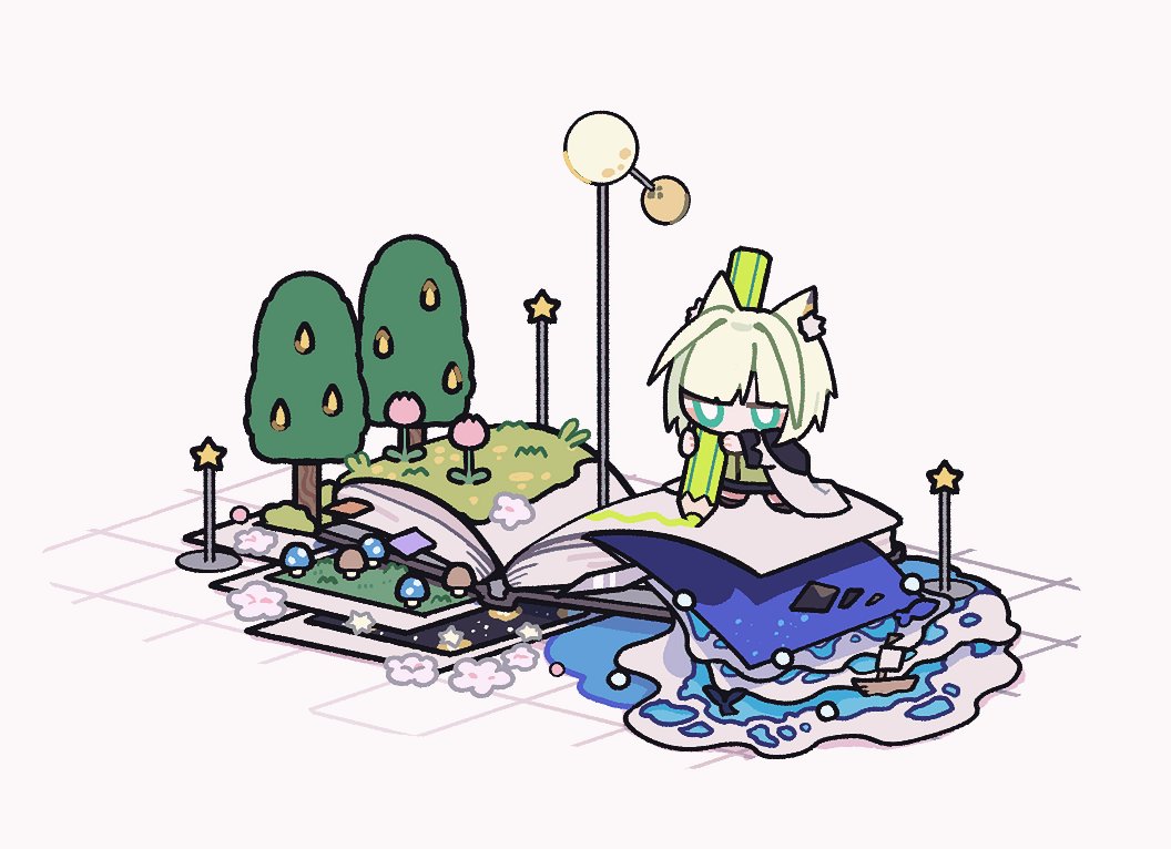 1girl, animal_ear_fluff, animal_ears, arknights, boat, book, cat_ears, chibi