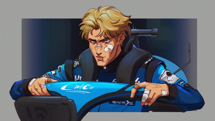 1boy, absurdres, alternate_universe, bandage_on_face, bandaged_fingers, bandages, bandaid, bandaid_on_finger