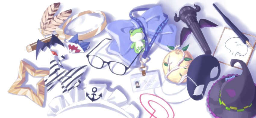 a-chan_(hololive), absurdres, amane_kanata, anchor, anchor_ornament, apple, bat_hair_ornament, black-framed_eyewear, black_bow, black_mask, blue_bow, bow, branch, ceres_fauna, character_name, character_signature, charm_(object), commentary, diagonal-striped_bow, english_commentary, eye_mask, feathers, food, four-pointed_star, frog, fruit, gawr_gura, ginfutsuu, glasses, golden_apple, hair_ornament, hair_tie, harusaki_nodoka, hat, highres, hiodoshi_ao, hololive, hololive_dev_is, hololive_english, id_card, kiryu_coco, lanyard, leaf, limiter_(tsukumo_sana), magnifying_glass, maid_headdress, mano_aloe, mask, microphone, minato_aqua, murasaki_shion, nanashi_mumei, nib_pen_(object), no_humans, object_focus, pen, rectangular_eyewear, sakamata_chloe, shadow, shark_hair_ornament, star_(symbol), star_hair_ornament, still_life, striped_bow, trait_connection, triangle, tsukumo_sana, two-tone_bow, unworn_bow, unworn_eyewear, unworn_hair_ornament, unworn_hat, unworn_headwear, unworn_lanyard, unworn_mask, variant_set, virtual_graduation_commemoration, virtual_youtuber, watson_amelia, white_background, white_bow, witch_hat, yozora_mel