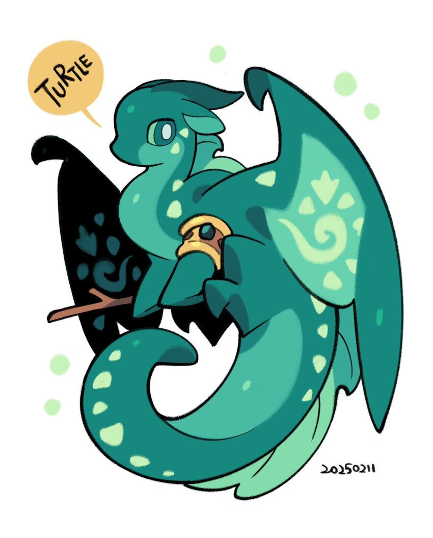 animal, animal_focus, aqua_eyes, armlet, character_name, chibi, chibi_only, commentary, dated, dragon, full_body, hashtag-only_commentary, highres, jewelry, looking_at_viewer, no_humans, rehtaef, seawing_(wings_of_fire), simple_background, sitting, solo, stick, turtle_(wings_of_fire), western_dragon, white_background, wings, wings_of_fire