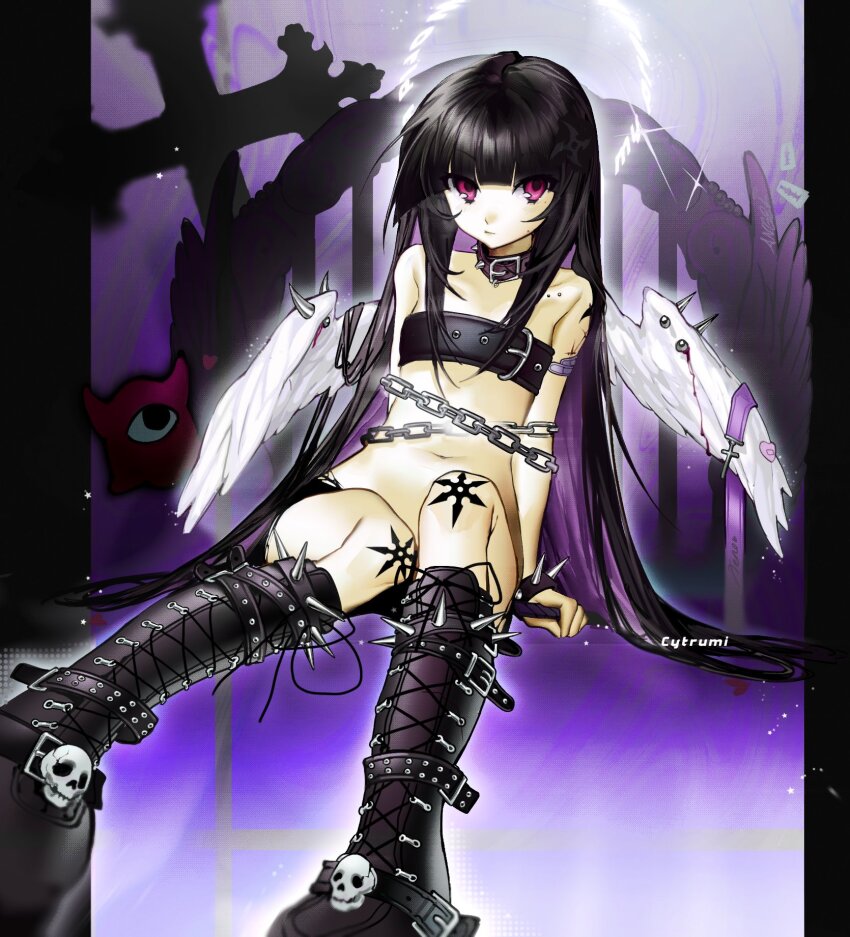 1girl, belt_bra, black_hair, boots, gothic_lolita, highres, lolita_fashion, navel, purple_hair, rumi_(cytrumi), short_shorts, shorts, skull, tagme, wings