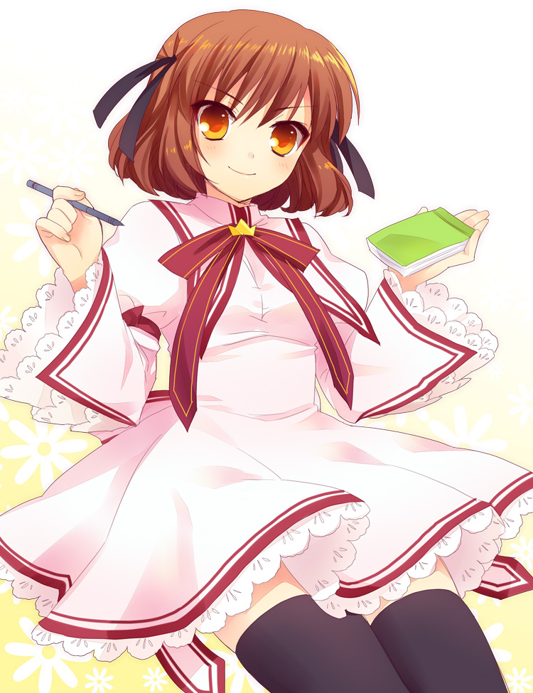 10s, 1girl, black_thighhighs, blush, brown_hair, female_focus, fuyuichi, hair_ribbon