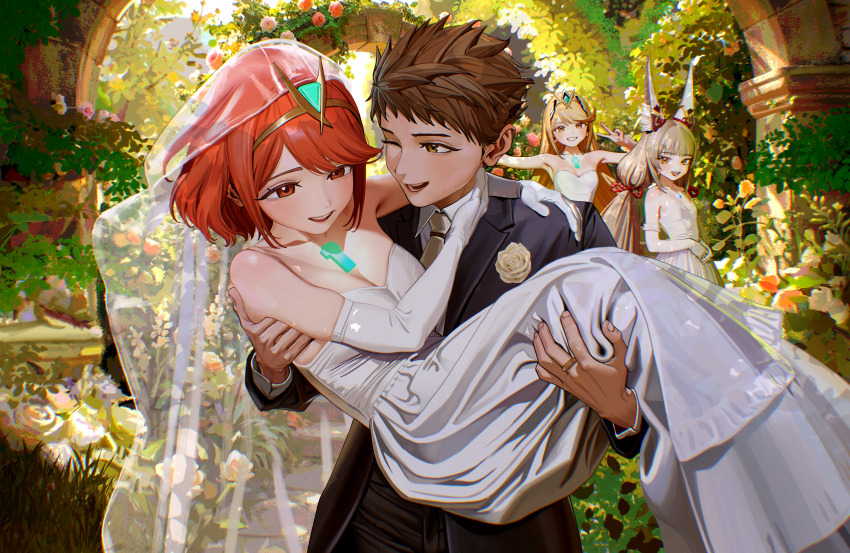 1boy, 3girls, absurdres, breasts, bridal_veil, bride, carrying, chest_jewel