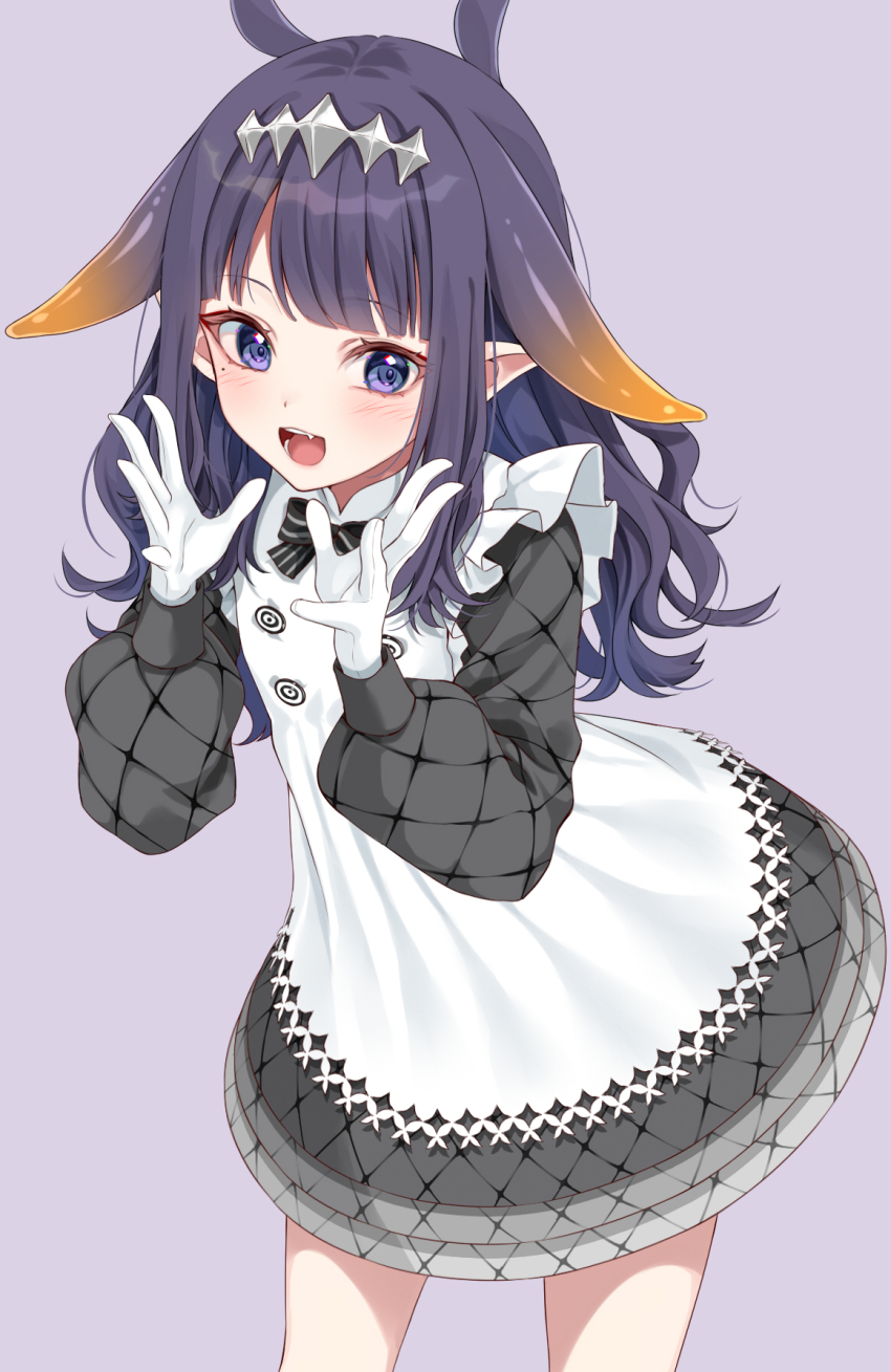 :d, apron, black_dress, blunt_bangs, commentary_request, curly_hair, dress, flat_chest