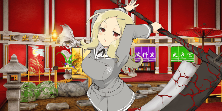 1girl, :o, architecture, arms_up, bamboo_fence, belt, belt_buckle, blonde_hair