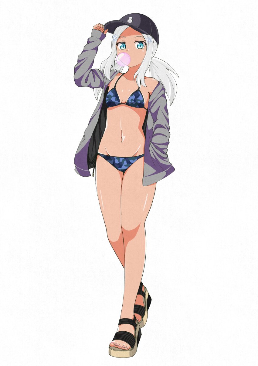1girl, absurdres, baseball_cap, bikini, blowing_bubble_gum, blue_eyes, breasts, camouflage