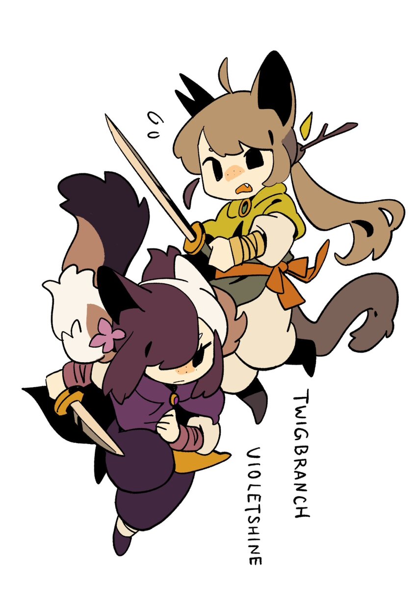 2girls, a_vision_of_shadows, ahoge, animal_ears, animification, black_eyes, black_hair, black_pants