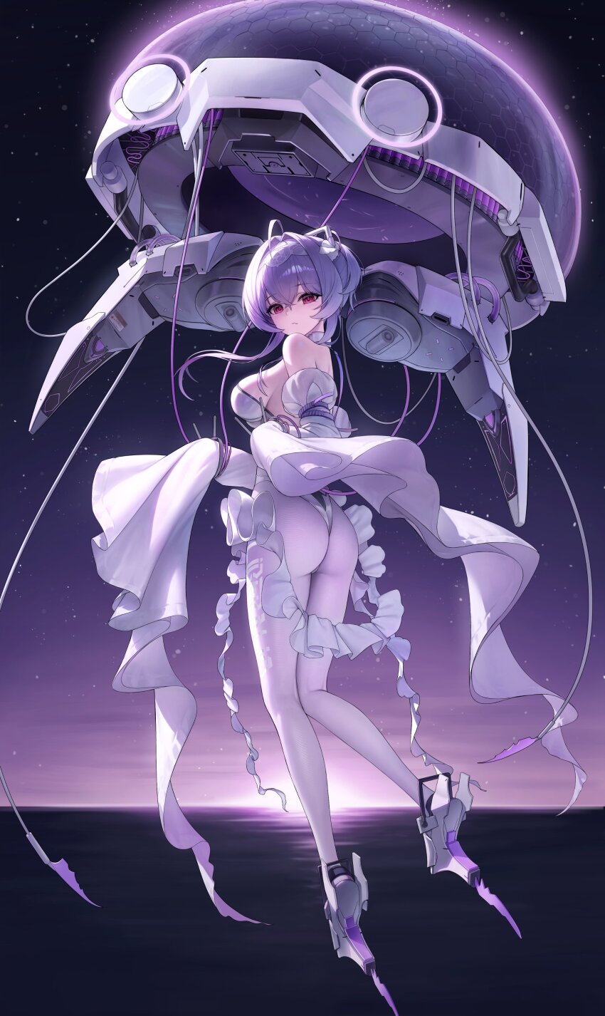 1girl, absurdres, ass, breasts, crossed_bangs, detached_sleeves, flying, frills, full_body, goddess_of_victory:_nikke, hair_between_eyes, hair_intakes, hairband, hashtag-only_commentary, highres, lace_hairband, leotard, liberalio_(nikke), looking_at_viewer, looking_back, mechanical_shoes, medium_breasts, ocean, pantyhose, purple_hair, red_eyes, shoes, short_hair, short_hair_with_long_locks, sideboob, sky, solo, star_(sky), starry_sky, sunrise, tongmull1090, white_leotard, white_pantyhose, white_shoes, white_sleeves