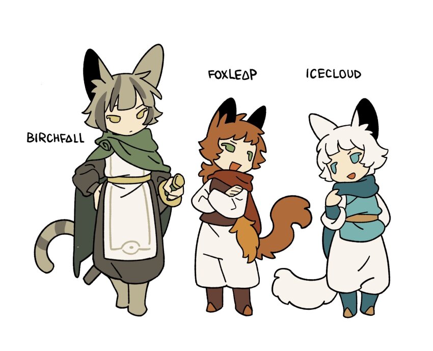 1girl, 2boys, age_difference, ahoge, androgynous, animal_ears, animification, birchfall, blue_cape, blue_eyes, blue_tunic, boots, brother_and_sister, brothers, brown_robe, brown_tunic, cape, cat_ears, cat_tail, character_name, chinese_commentary, commentary_request, crossed_arms, deformed, foxleap, full_body, green_cape, green_eyes, grey_hair, highres, holding, holding_sword, holding_weapon, icecloud, long_hair, low_ponytail, multiple_boys, orange_hair, pants, personification, ponytail, power_of_three, red_cape, rehtaef, robe, short_hair, siblings, simple_background, sword, tail, tunic, warrior_cats, weapon, white_background, white_hair