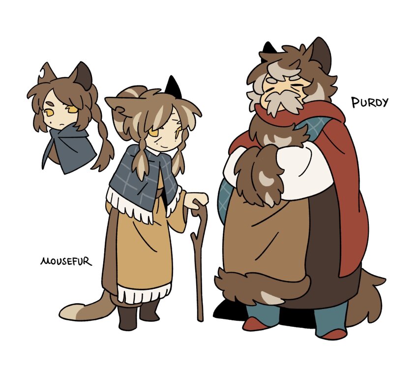 1boy, 2girls, age_comparison, animal_ears, animification, blue_capelet, braid, braided_sidelocks
