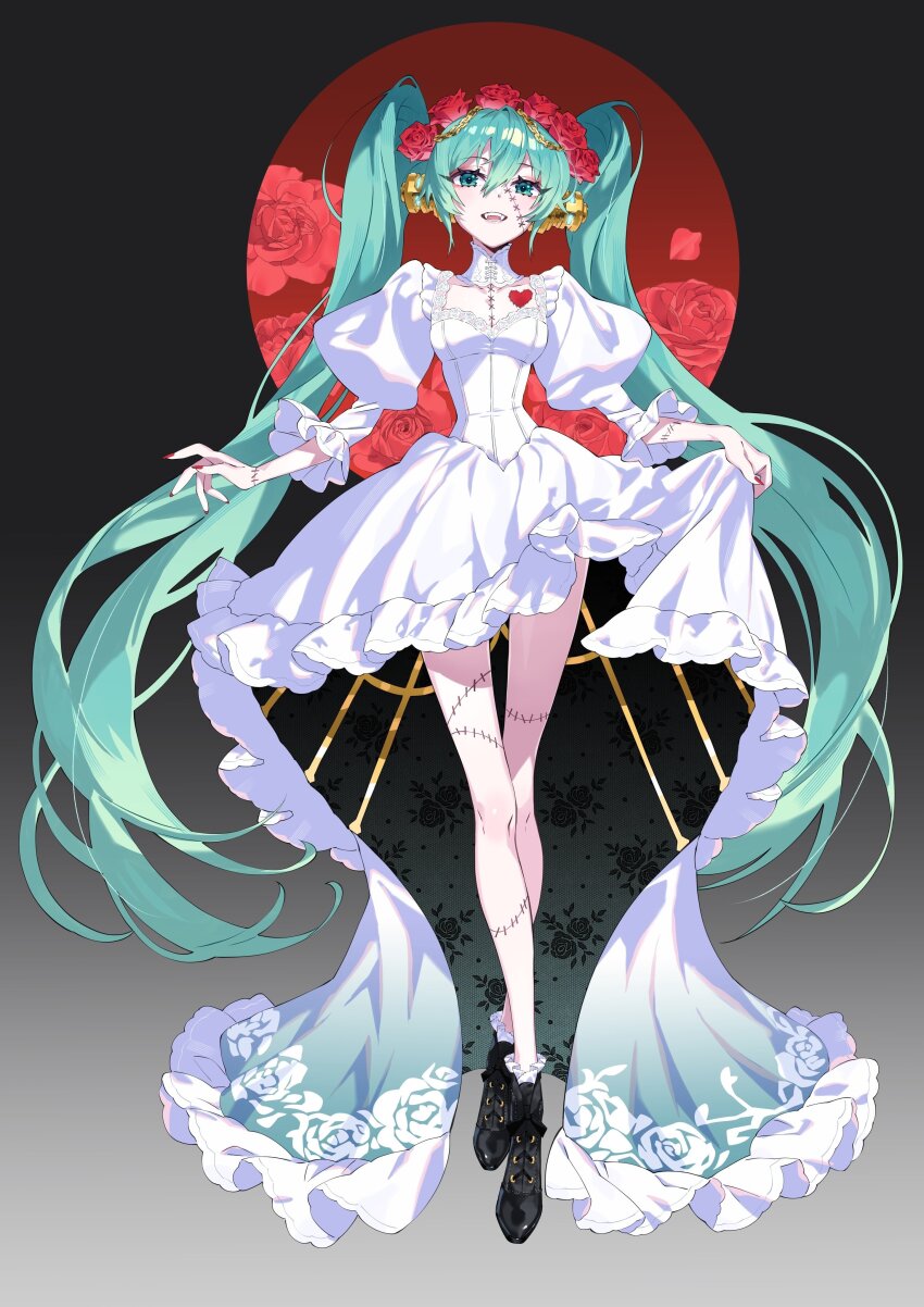 1girl, absurdres, aqua_eyes, aqua_hair, atomicmrshmallw, bare_legs, black_shoes, commentary