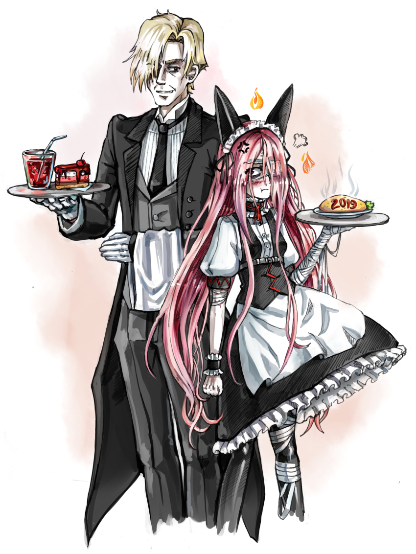 1boy, 1girl, 2019, absurdres, alternate_costume, anger_vein, apron, bandaged_leg