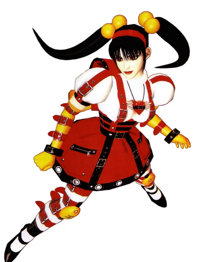 1girl, 3d, arm_belt, backpack, bag, black_hair, brown_eyes, cuffs, fighters_megamix, fighting_vipers, gloves, hairband, heart, high_heels, honey_(fighting_vipers), jewelry, leg_belt, necklace, official_alternate_costume, official_art, randoseru, red_lips, sega, skirt, suspender_skirt, suspenders, thighhighs, twintails, white_background