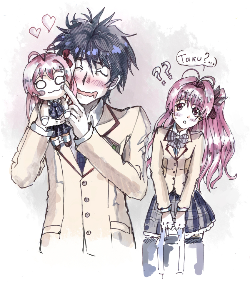 1boy, 1girl, :o, antenna_hair, bag, blazer, blush, bow