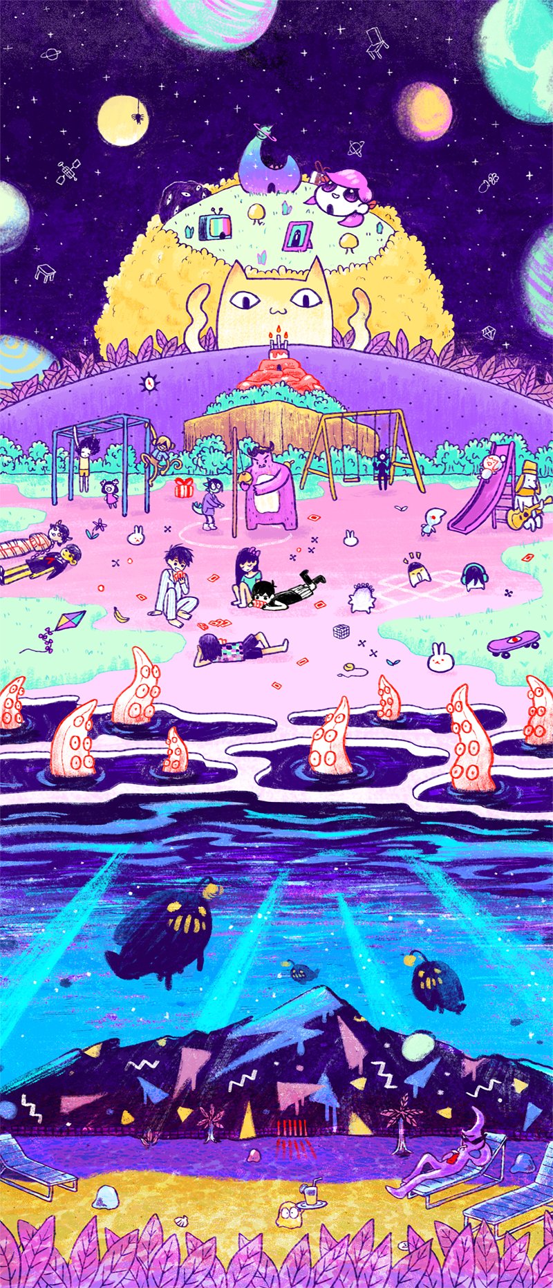 6+boys, 6+girls, abbi_(omori), analog_clock, angi_(omori), antenna_hair, arm_support, arms_up, aubrey_(headspace)_(omori), aubrey_(omori), banana, bangs_(omori), barefoot, berly_(omori), big_yellow_cat_(omori), black_hair, black_socks, black_tank_top, blonde_hair, blue_shirt, bow, box, brothers, brows_(omori), bun_(omori), cake, card, playing_card_game, checkered_clothes, clock, closed_eyes, closed_mouth, collared_pajamas, colored_skin, commentary, cup, daisy_(omori), double-parted_bangs, drinking_glass, drinking_straw, english_commentary, food, forest_bunny_(omori), fruit, gibs_(omori), gift, gift_box, glasses, guitar, hair_between_eyes, hair_bow, happy_(omori), headphones, hero_(headspace)_(omori), hero_(omori), highres, holding, holding_card, holding_guitar, holding_instrument, holding_tray, instrument, kel_(headspace)_(omori), kel_(omori), kite, long_hair, long_sleeves, lying, mikal_(omori), monkey_bars, multiple_boys, multiple_girls, neb_(omori), neckerchief, nose_(omori), official_art, omocat, omori, omori_(omori), on_side, on_stomach, on_swing, pajamas, pants, pink_bow, playing_card, playing_games, purple_hair, red_neckerchief, ren_(omori), round_eyewear, rubik's_cube, shawn_(omori), shirt, short_hair, short_sleeves, shorts, siblings, sitting, skateboard, slide, sliding, socks, something_(omori), striped_clothes, striped_pajamas, striped_pants, striped_shorts, sunglasses, swing, swing_set, tank_top, tentacles, tray, van_(omori), vertical-striped_clothes, vertical-striped_pajamas, vertical-striped_pants, vertical-striped_shorts, wall_clock, water, white_pajamas, white_pants, white_shorts, white_skin, yo-yo