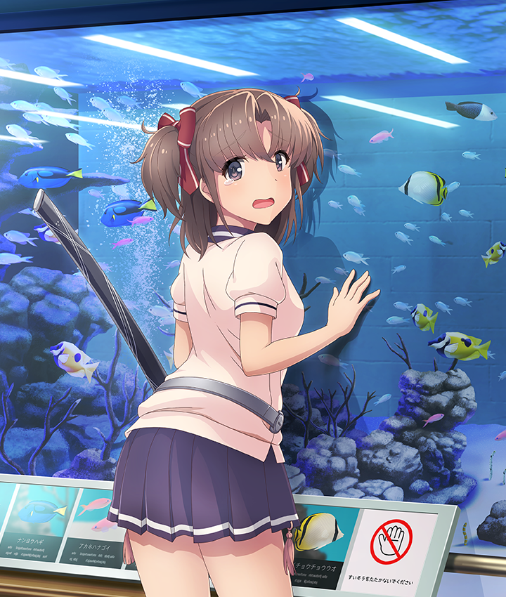 1girl, against_glass, aquarium, belt, blue_skirt, bow, breasts, brick_wall