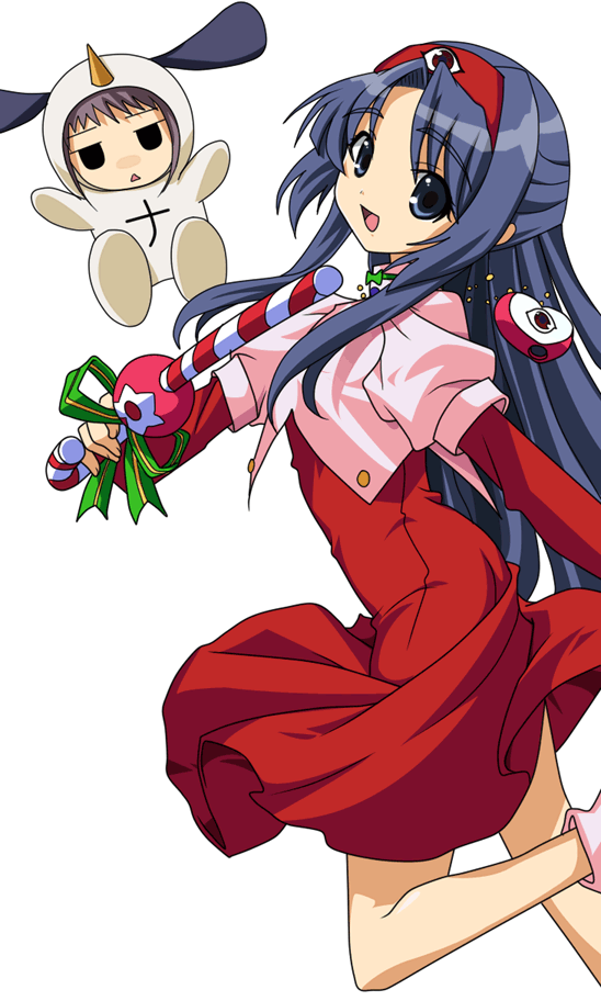 2girls, :d, asakura_ryoko, blue_eyes, blue_hair, brown_hair, commentary_request, cosplay