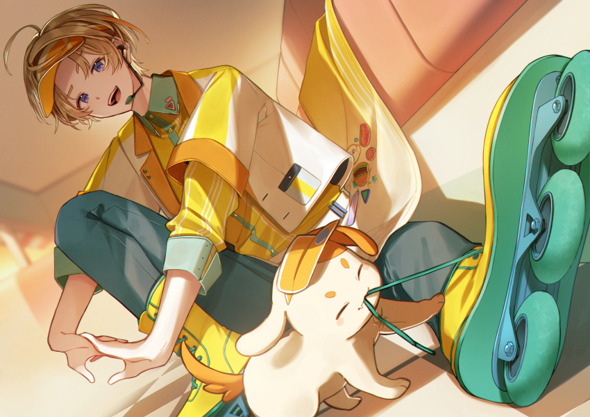 1boy, absurdres, animal, blonde_hair, blue_pants, closed_eyes, collared_shirt, commentary