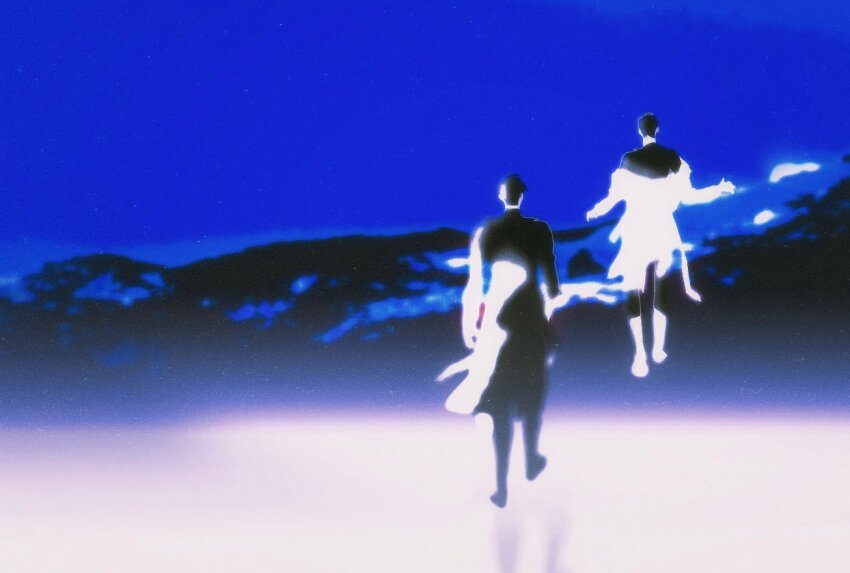 2boys, black_coat, black_hair, black_shirt, coat, coat_partially_removed, commentary_request, floating, from_behind, full_body, kim_dokja, limited_palette, male_focus, mountainous_horizon, multiple_boys, omniscient_reader's_viewpoint, shirt, short_hair, tix_0314, walking, white_coat, yoo_joonghyuk