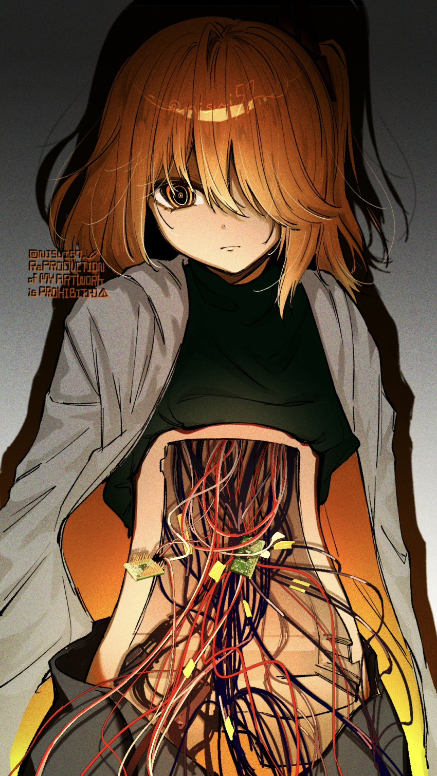 1girl, a.i._voice, adachi_rei, android, black_shirt, cable, closed_mouth, clothes_lift