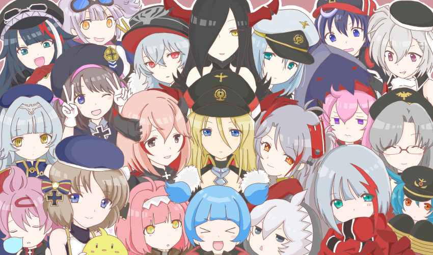 >_<, 6+girls, :d, admiral_graf_spee_(azur_lane), azur_lane, bare_shoulders, beret, bismarck_(azur_lane)